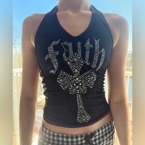 Black Rhinestone Embellished Halter Top